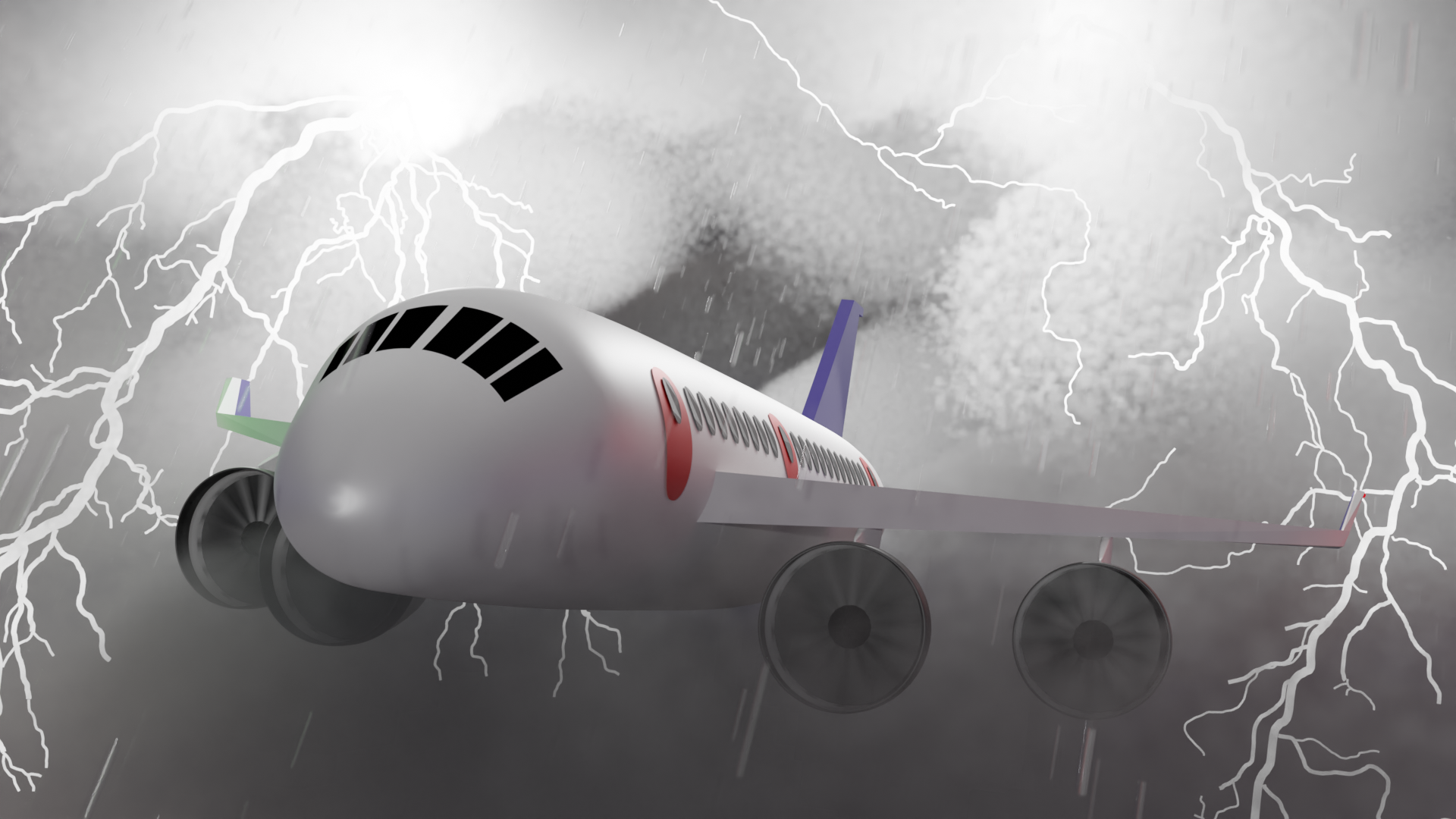 Airplane flying through a stormy sky